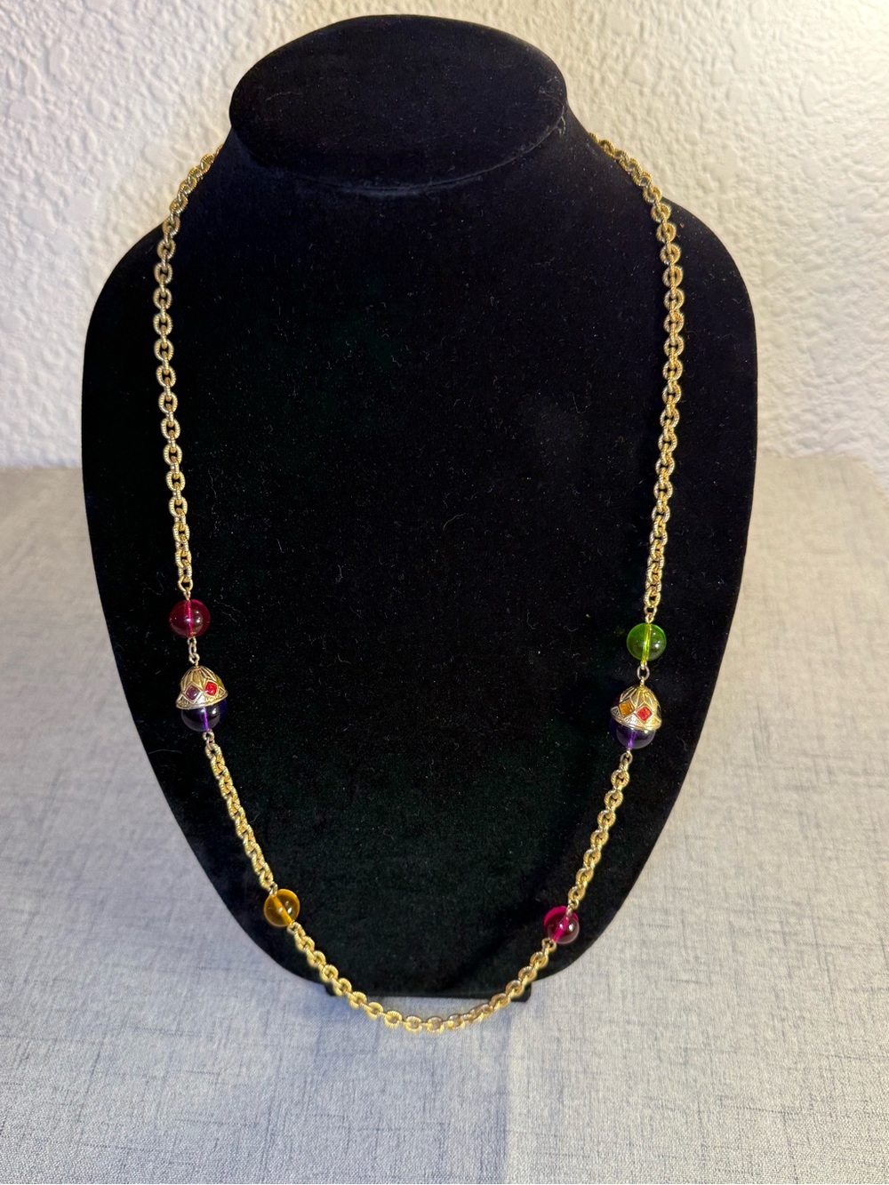 Vintage Liz Claiborne Jewel Tone Station Necklace, Enamel Accents, Signed LC